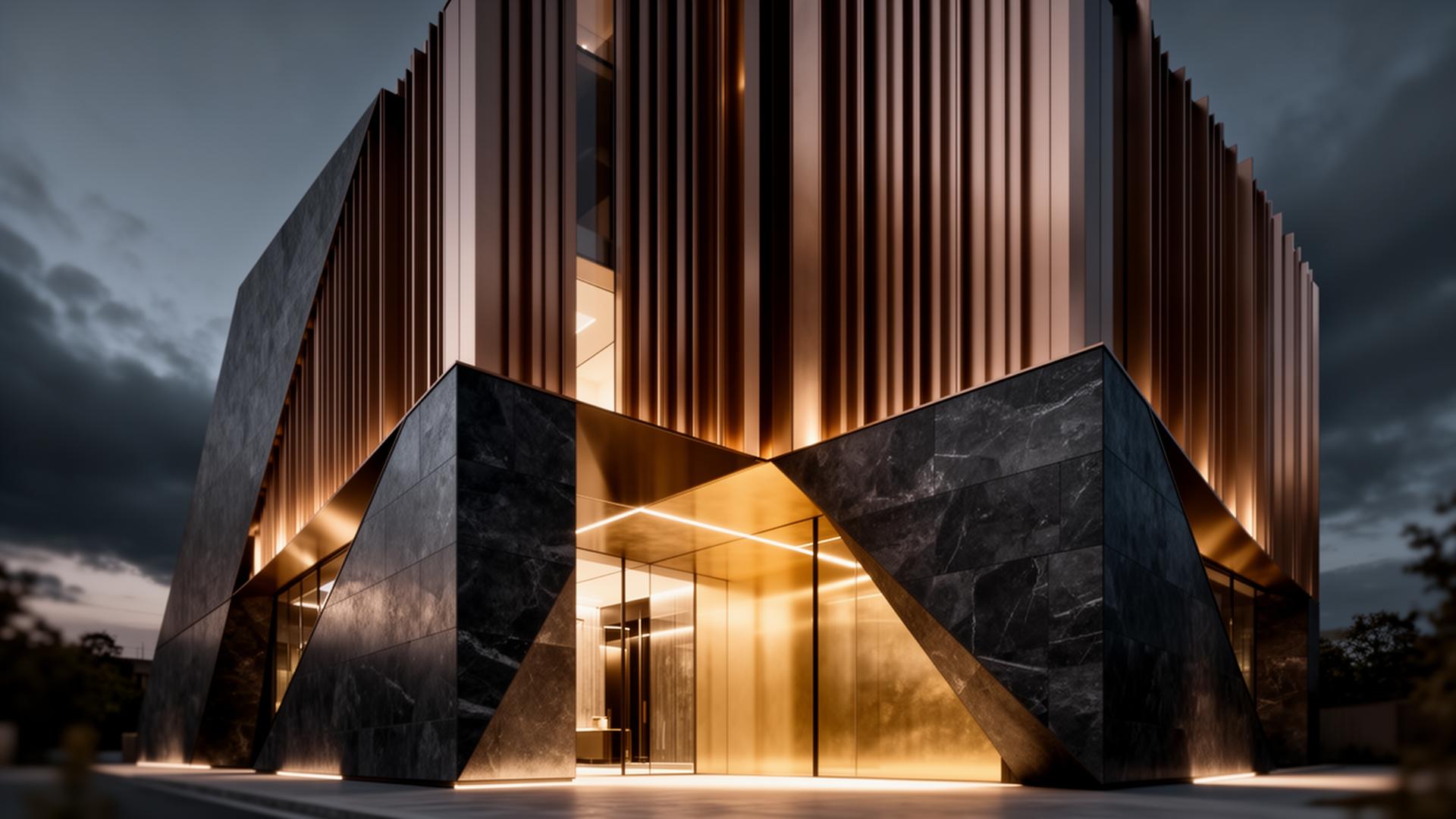 SATEH bronze metal architectural facade at twilight