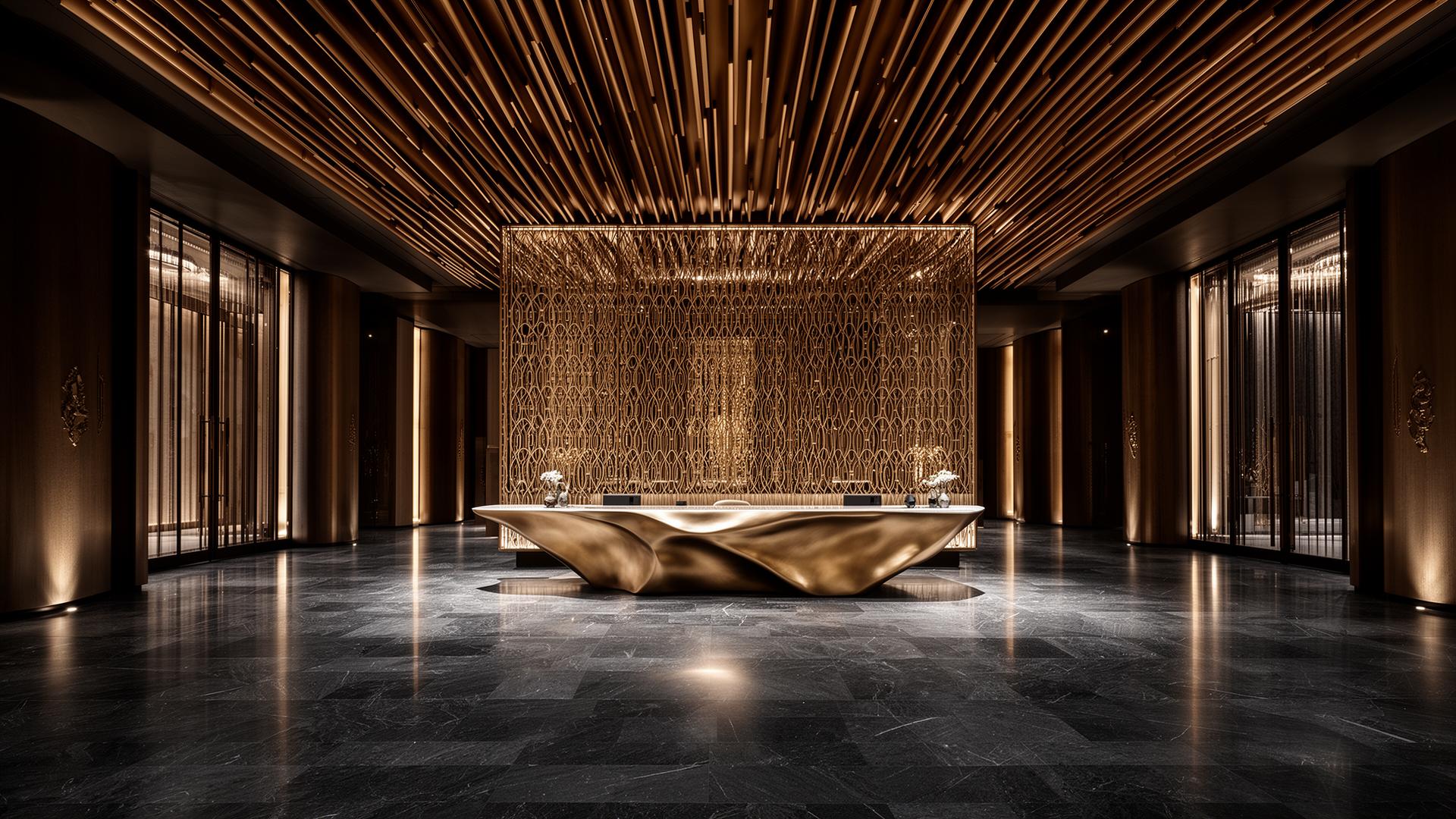 Luxury lobby with bronze ceiling and reception desk